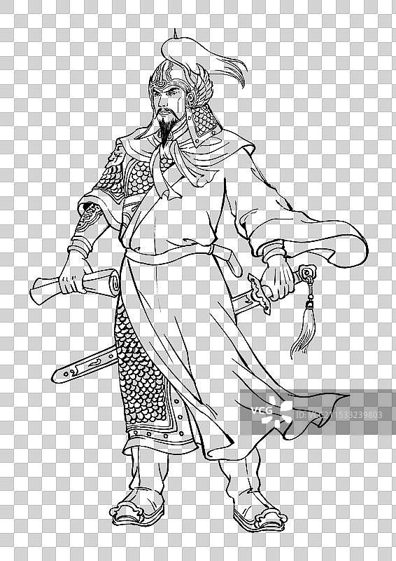 民族英雄岳飞古风水墨线稿图片素材