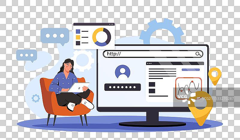 年轻女孩在优化网站，使用笔记本电脑图片素材