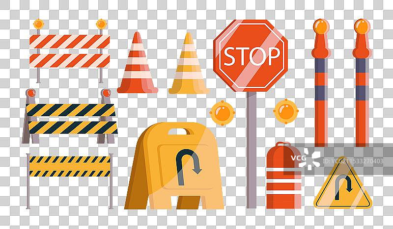 道路障碍物设置了各种交通标志和锥形桶图片素材
