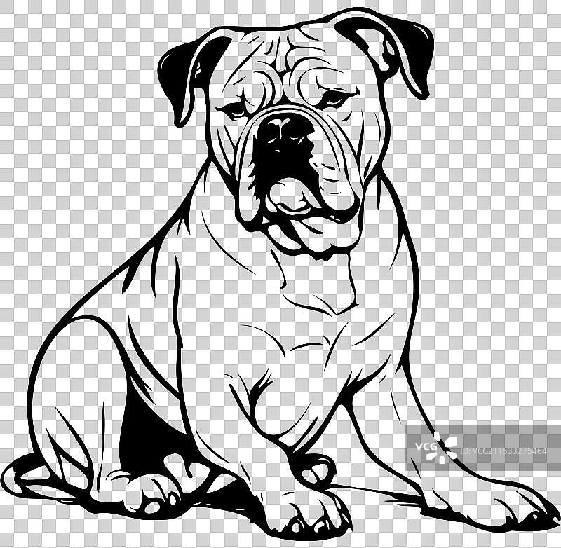 坐着的美国斗牛犬，黑色手绘动物图片素材