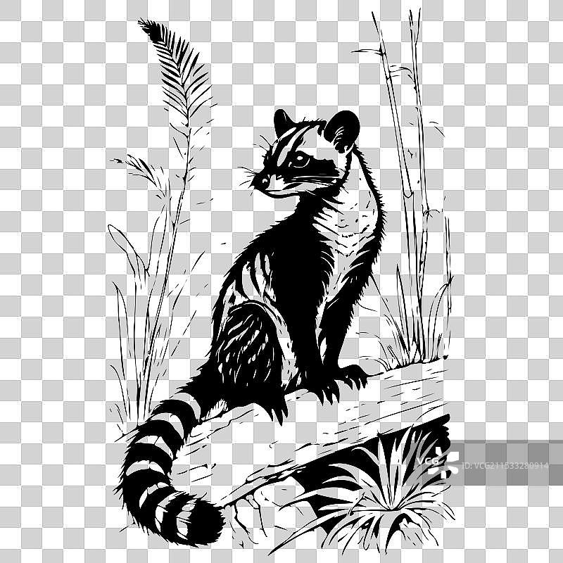 手绘的条纹棕榈貓单色图像图片素材