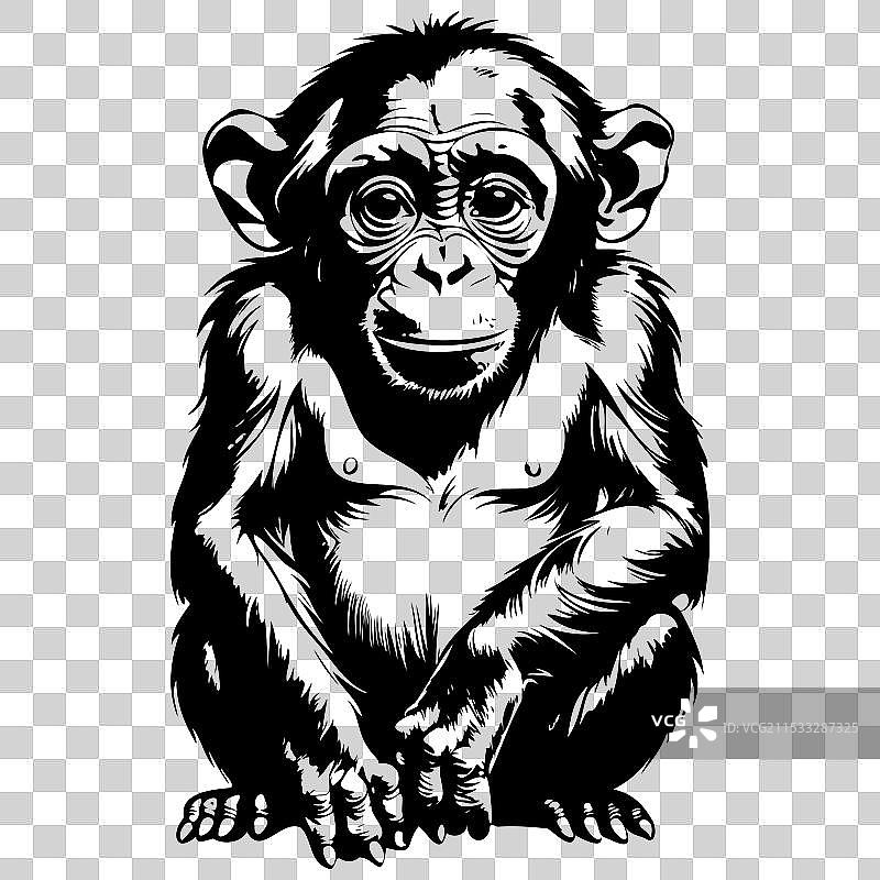 手绘的坐着的倭黑猩猩，透明背景图片素材