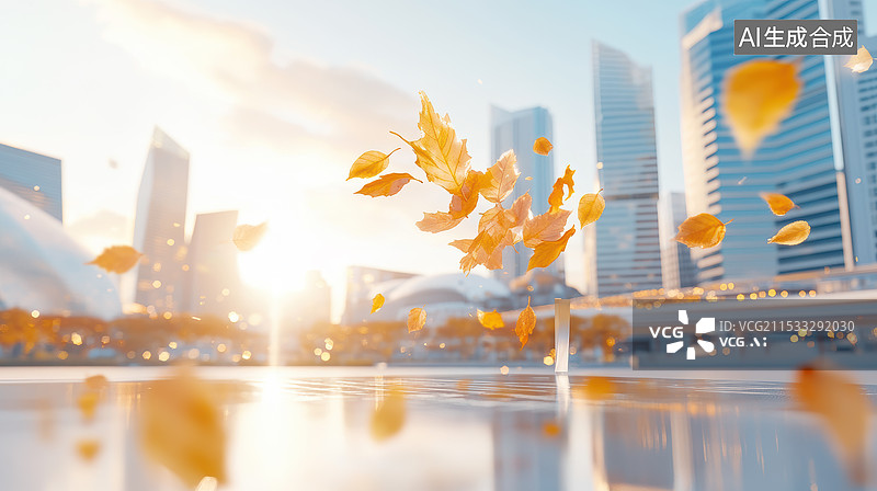 【AI数字艺术】秋叶与城市景观台图片素材
