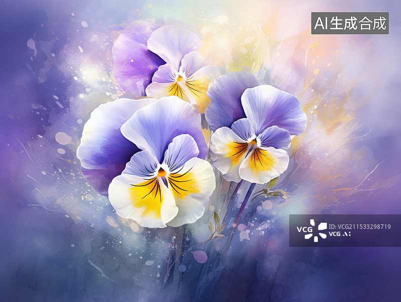 【AI数字艺术】水彩风格的浪漫花卉，梦幻般的三色堇花束图片素材