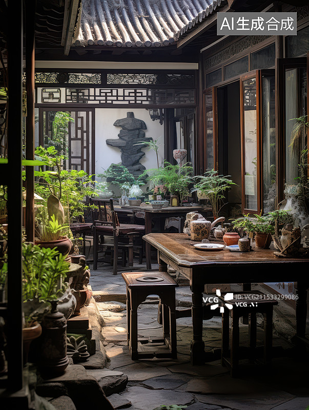 【AI数字艺术】古色古香的江南庭院中式庭院茶席图片素材