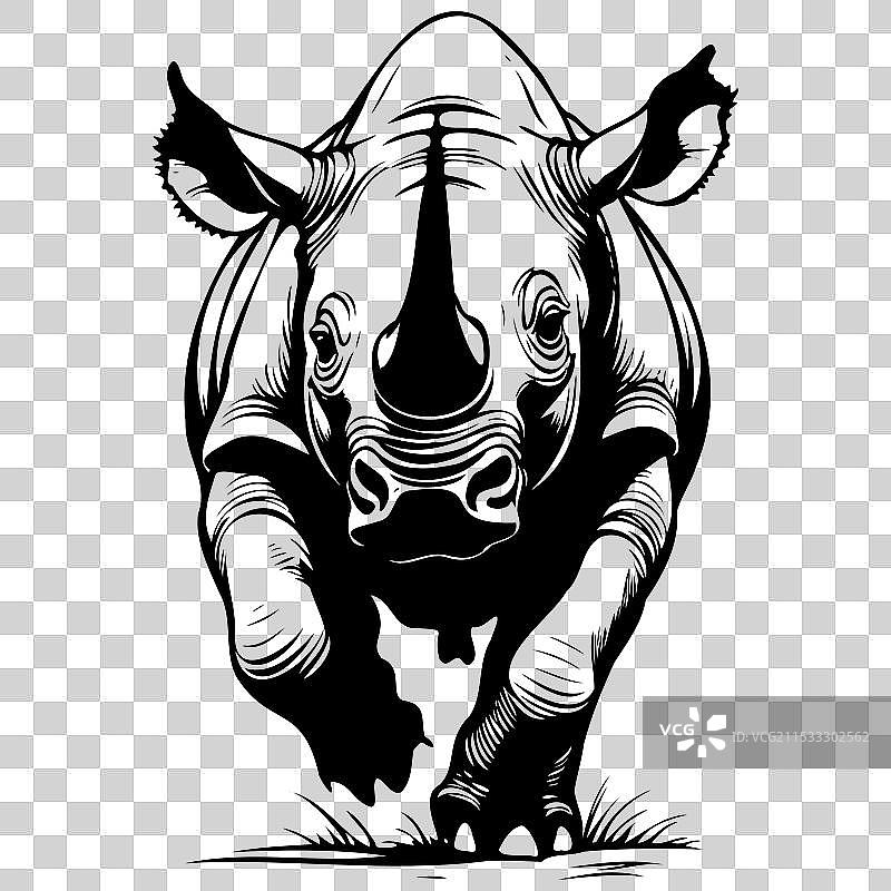 复古手绘黑犀牛跳跃动物图片素材