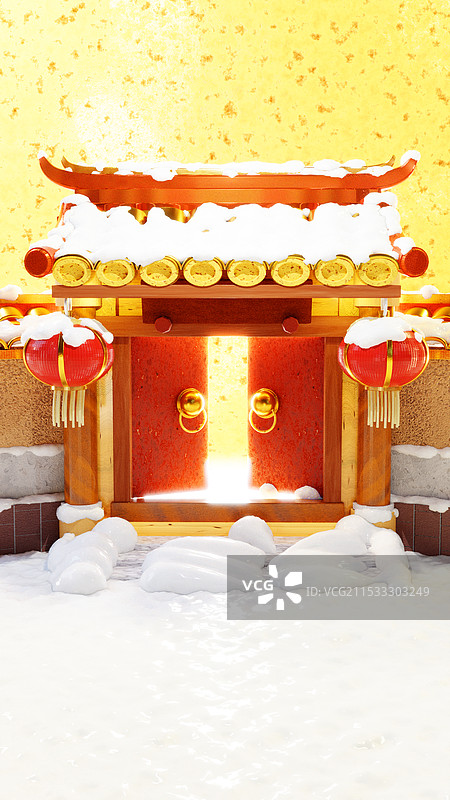 3D立体节日中式古典门带雪图片素材