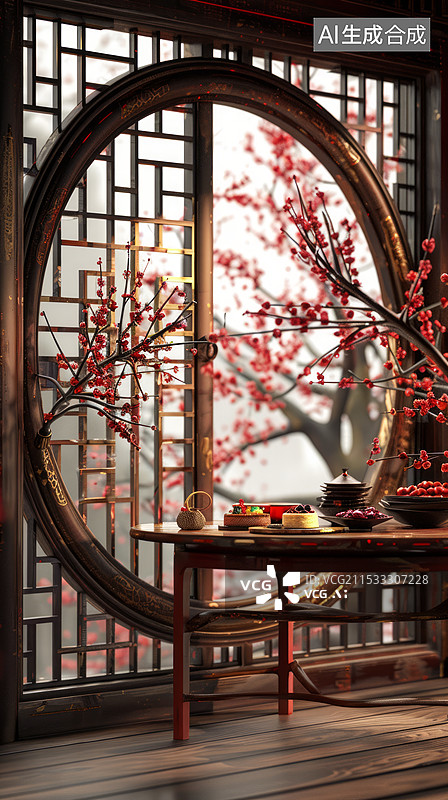 【AI数字艺术】中式风格红梅窗景,雅致静谧图片素材