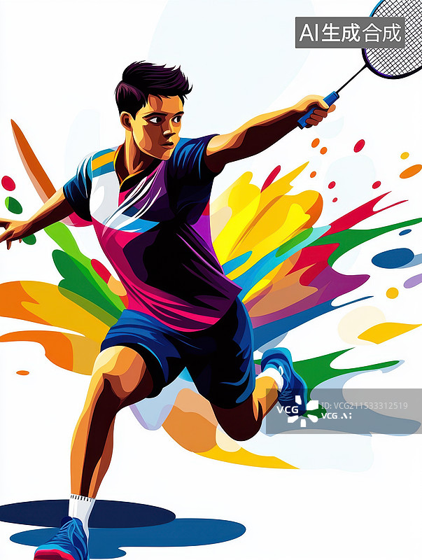 【AI数字艺术】运动员在打羽毛球网球的比赛彩绘插画图片素材