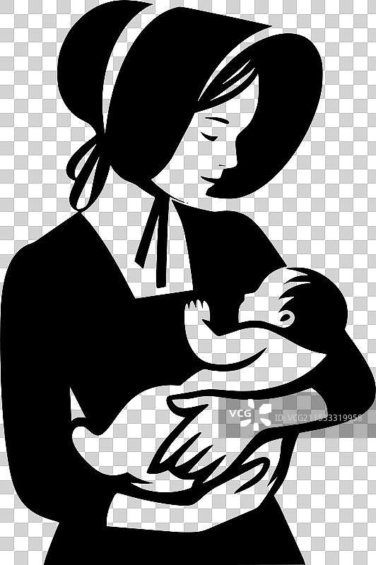 黑白照片中，慈爱的阿米什母亲抱着孩子图片素材