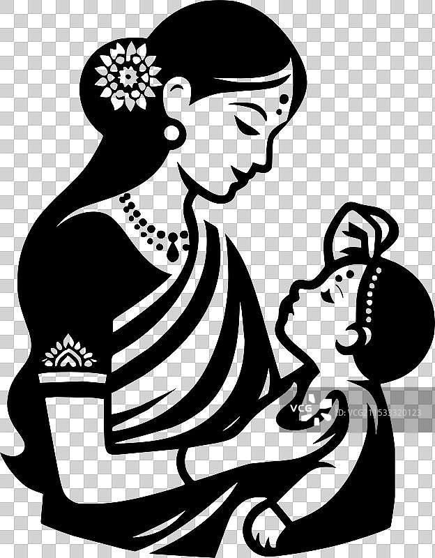 穿着纱丽的印度母亲正在化妆的黑白照片图片素材