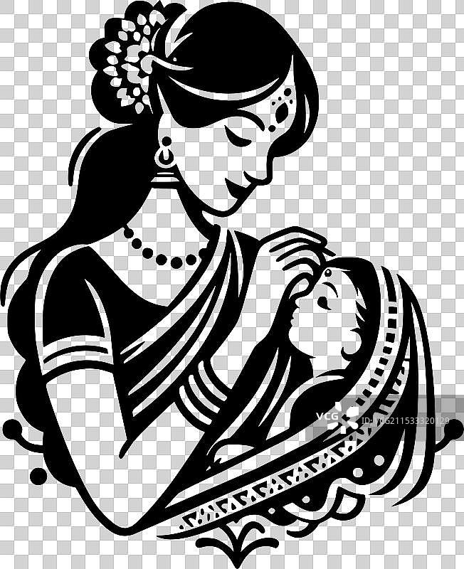 穿着纱丽的慈爱的印度母亲的黑白照片图片素材