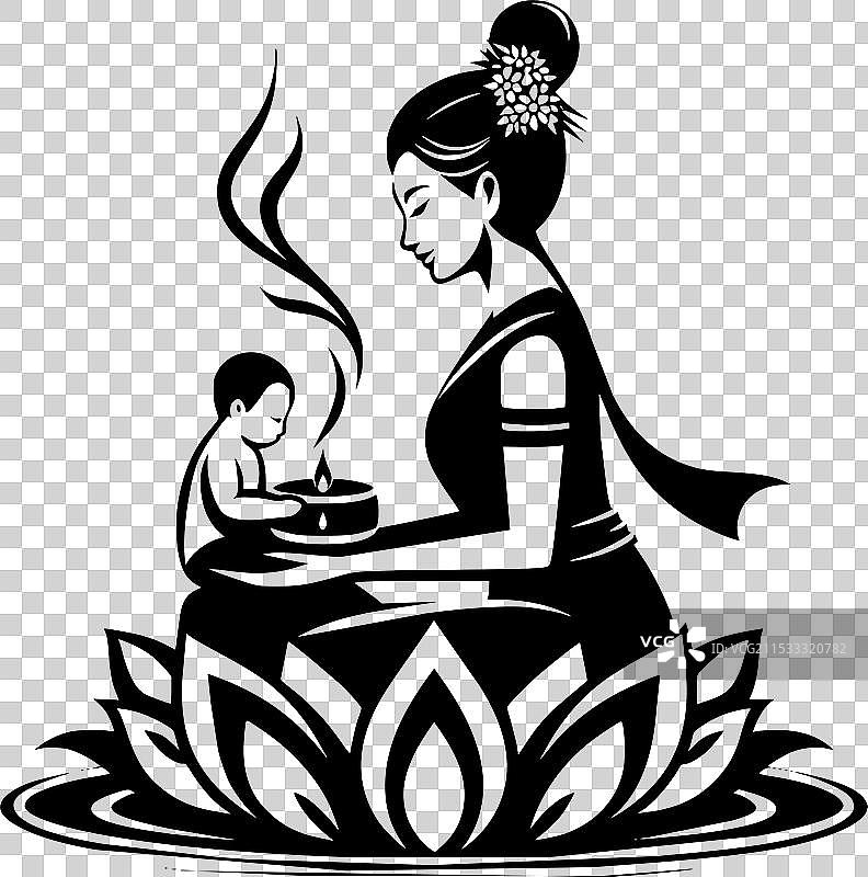 泰国母亲与婴儿的黑白照片图片素材