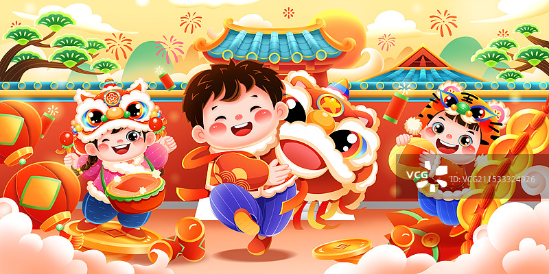 新年春节福娃舞狮贺当场景插画图片素材