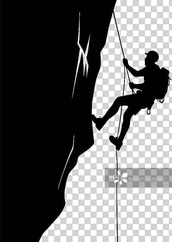 攀登者在陡峭岩壁上攀爬的剪影图片素材