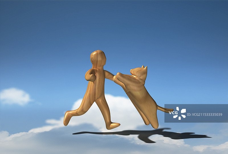 男孩与一只雕刻的木狗奔向他图片素材