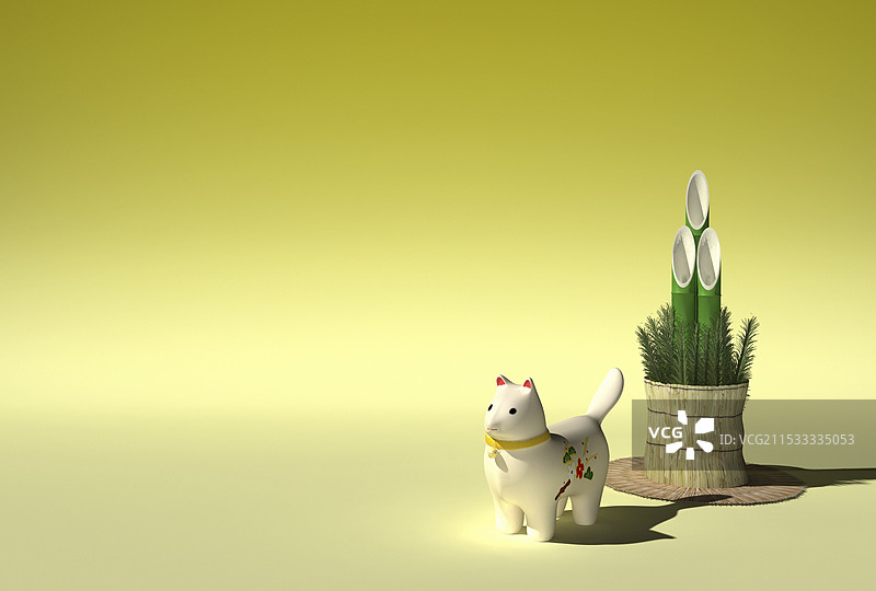 狗雕像和门松图片素材