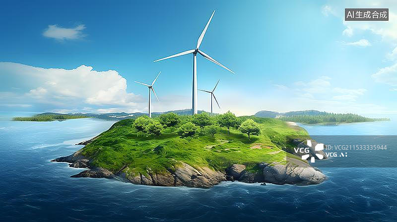【AI数字艺术】海岛上的风力发电机图片素材