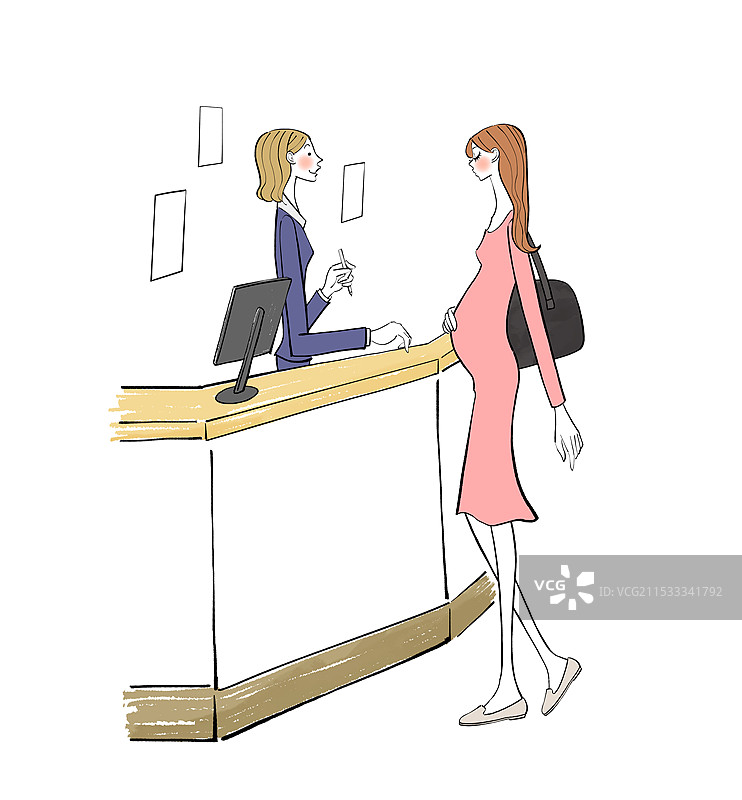 孕妇前往医院，接待处的工作人员图片素材