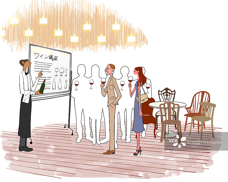 男女在酒店餐厅与侍酒师一起参加葡萄酒课程图片素材