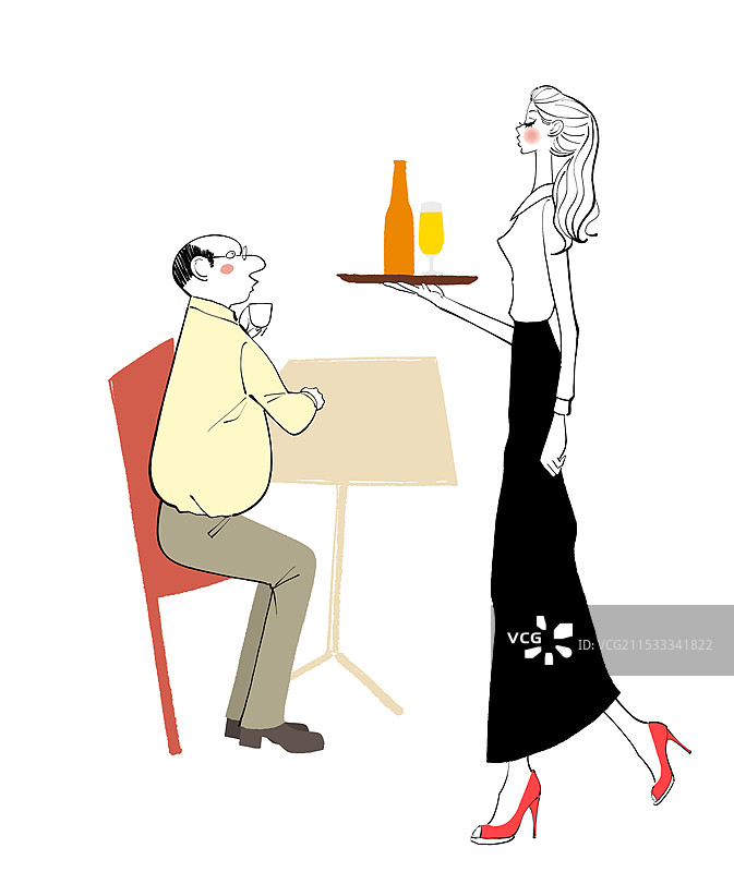 女服务员在咖啡馆里端着啤酒，顾客坐在桌旁。图片素材