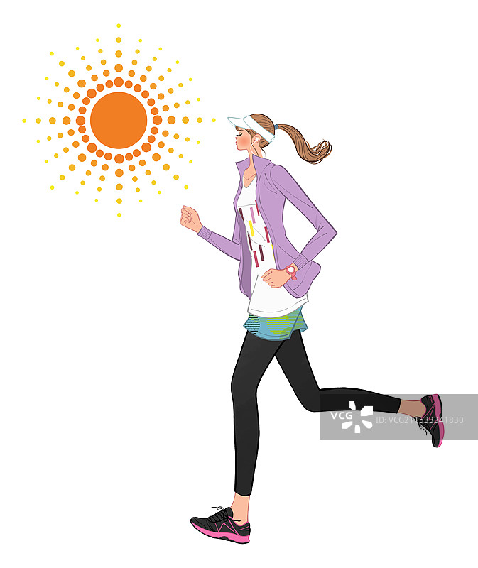 戴着遮阳帽的女性在慢跑并听音乐图片素材