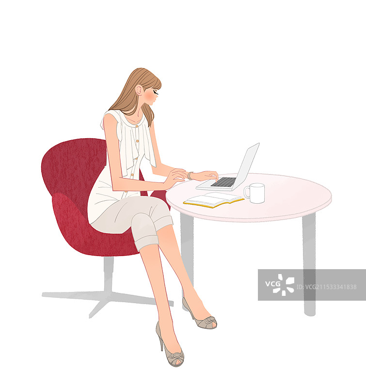 女孩在办公桌上使用笔记本电脑工作图片素材