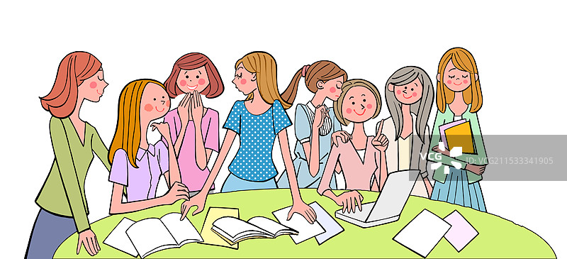 大学女生围坐在桌子旁聊天图片素材