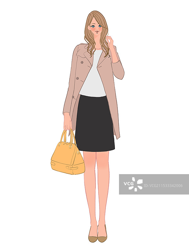 穿着外套的女人站着，手里拿着包。图片素材