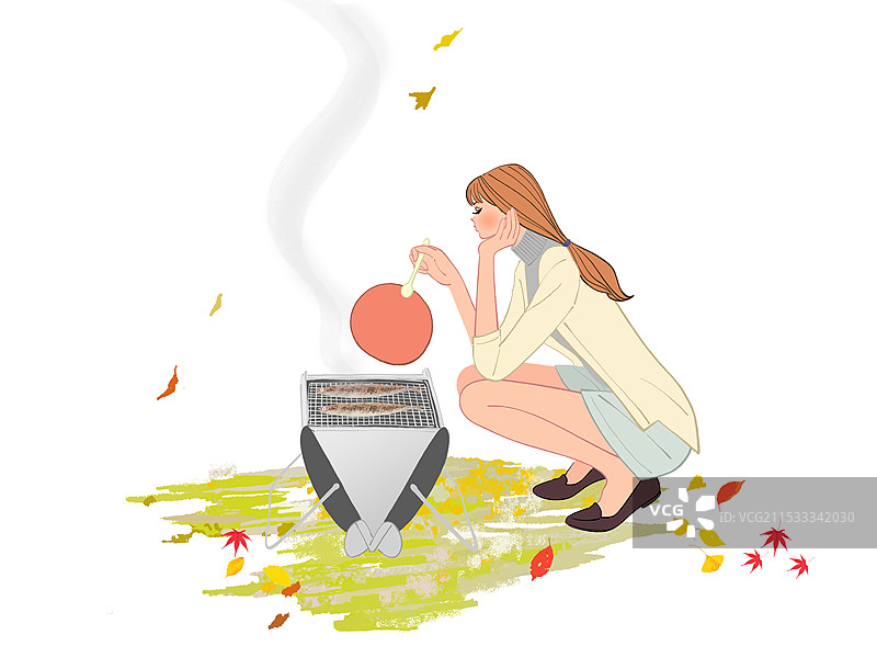 秋天的女人在烧烤炉上烤秋刀鱼图片素材