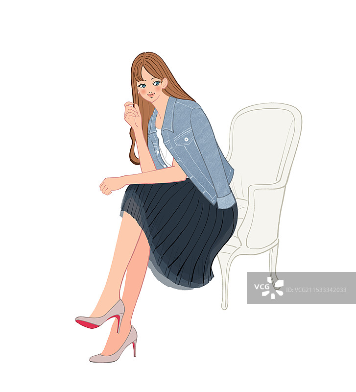 坐在椅子上的女人穿着G型牛仔裤图片素材