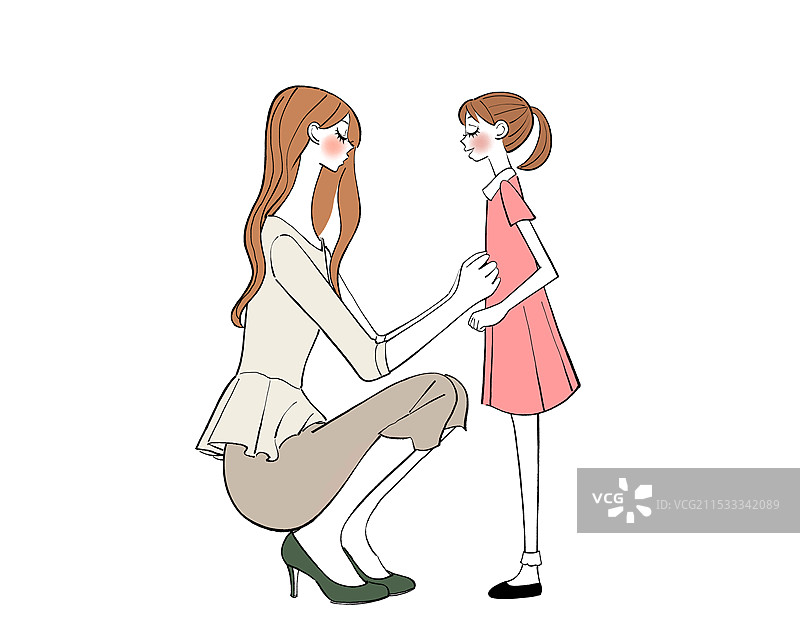 母亲蹲下为女儿调整衣服图片素材