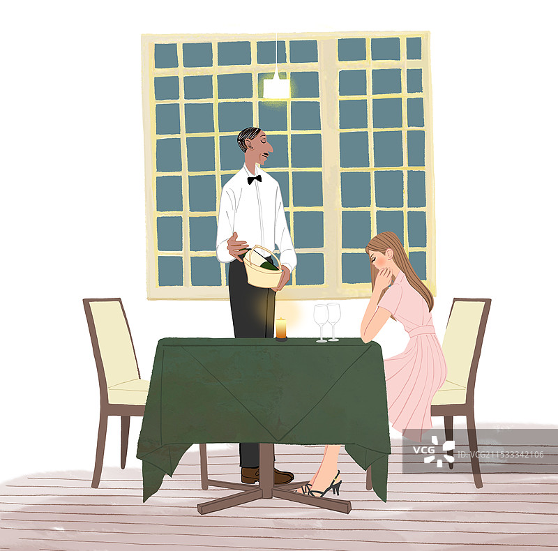 服务员在餐厅里端着酒，旁边坐着一位女士图片素材