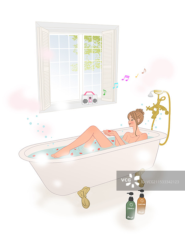 女人在浴缸里听音乐，享受花香图片素材