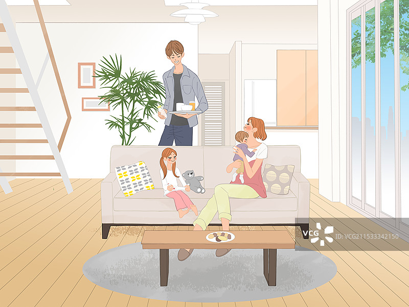 家庭在客厅放松并享用甜点图片素材