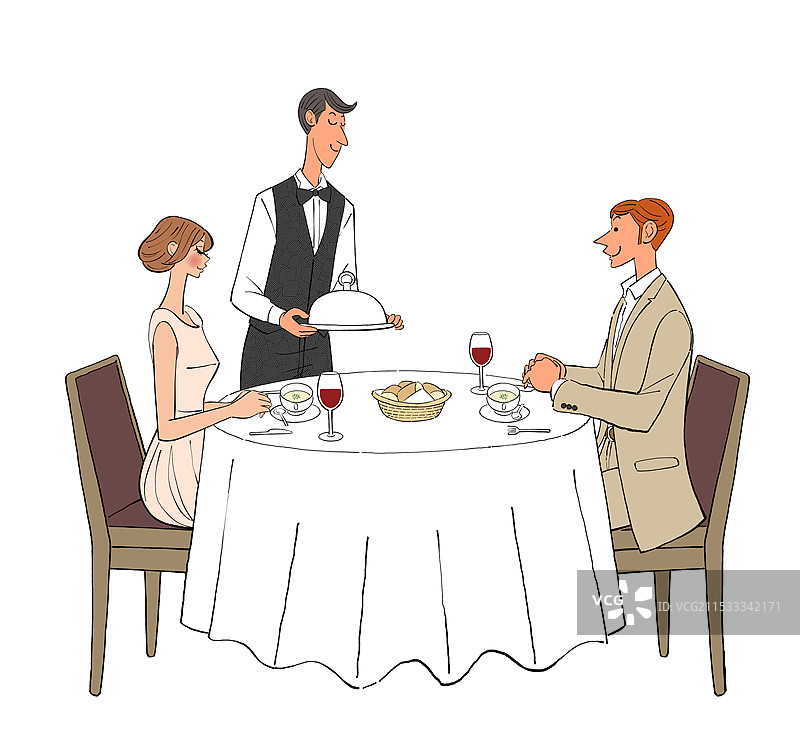 一对情侣在餐厅用餐，服务员正在端菜。图片素材