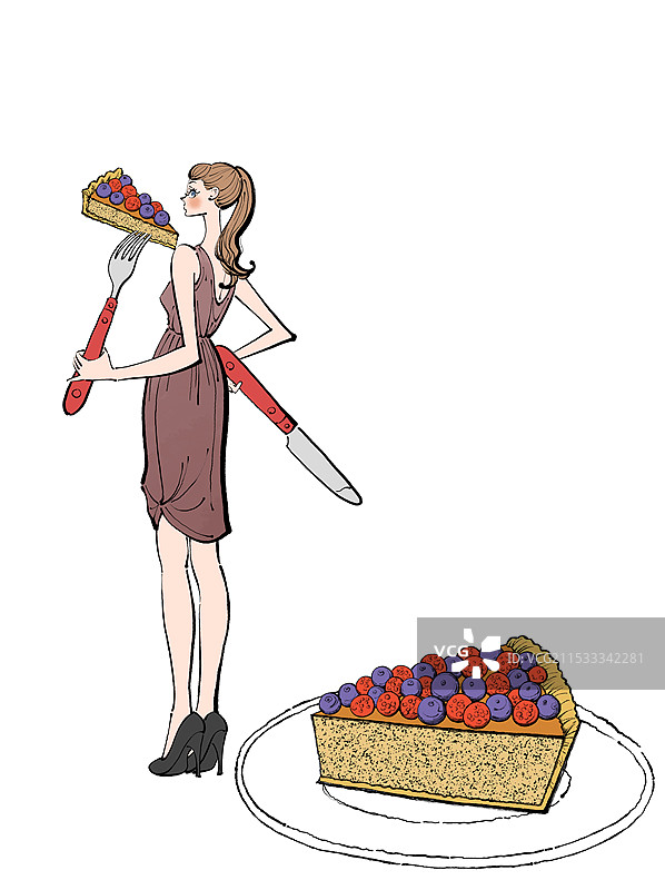 穿着裙子的女人用刀叉吃蛋糕图片素材
