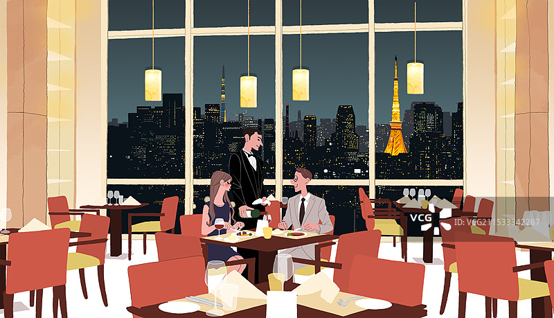 情侣和服务员在夜景餐厅用餐图片素材