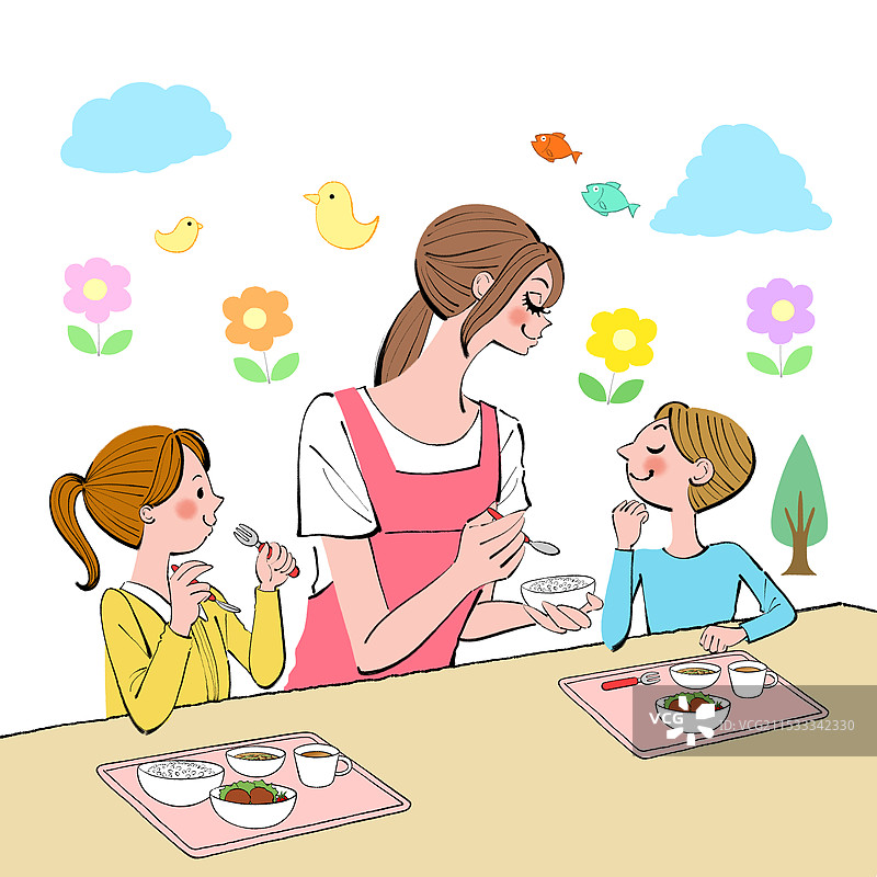 孩子们在看护人的陪伴下享用学校午餐图片素材