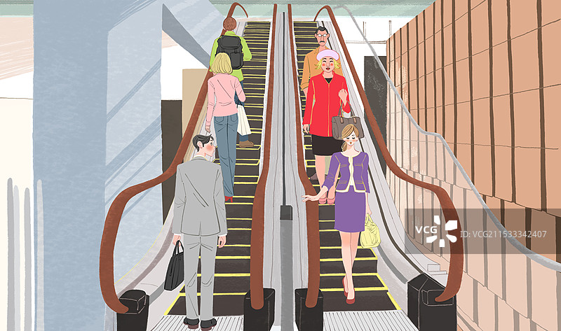 人们在百货商店的自动扶梯上乘坐图片素材