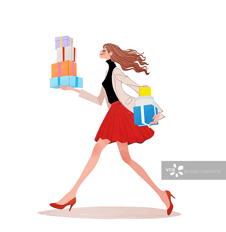 女人跑着，手里拿着很多礼物图片素材