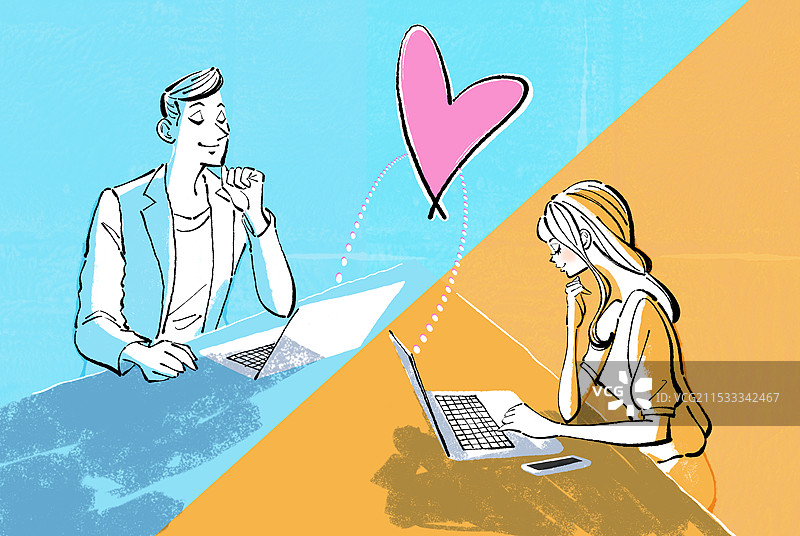 在笔记本电脑上进行在线恋爱的情侣图片素材