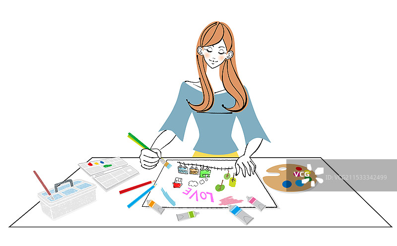 一位女性在画纸上用颜料绘画的插图图片素材
