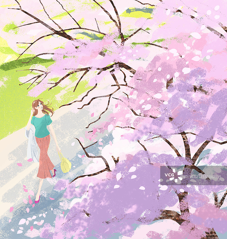 春天，插图描绘了一位女性在树下漫步，樱花花瓣在空中飞舞。图片素材