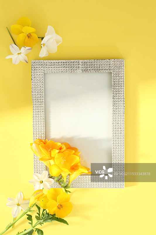 黄色的香雪兰、黄色的三色堇和白色花朵在黄色纸张上的透明珠框中（新鲜花卉）图片素材