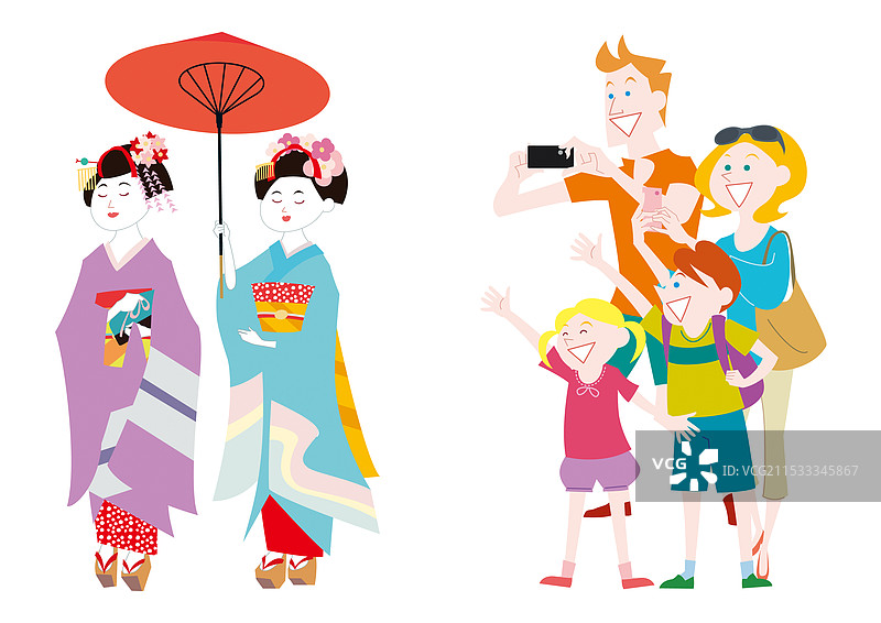外国家庭在日本京都观光，舞妓表演图片素材