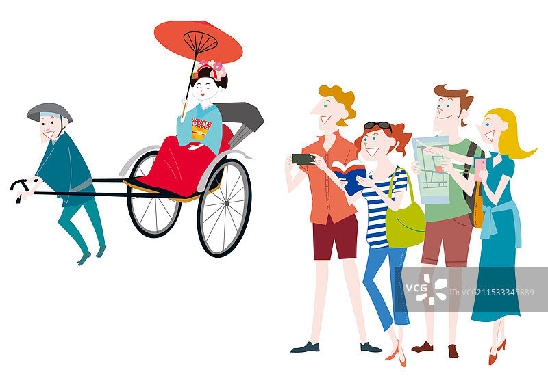 外国游客在日本观光，舞妓乘坐人力车图片素材