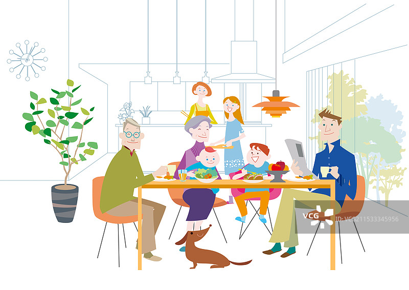 三代同堂的家庭在餐厅放松休息图片素材