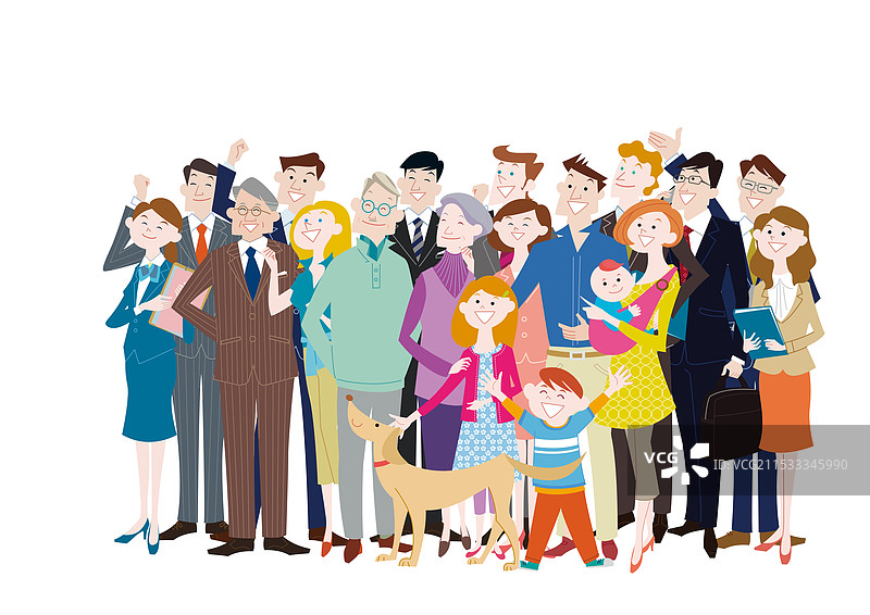 狗抬头看着不同的人群图片素材