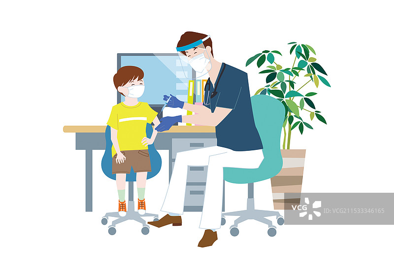 戴口罩的男孩在医院里接受一位戴面罩的男医生的流感疫苗接种图片素材